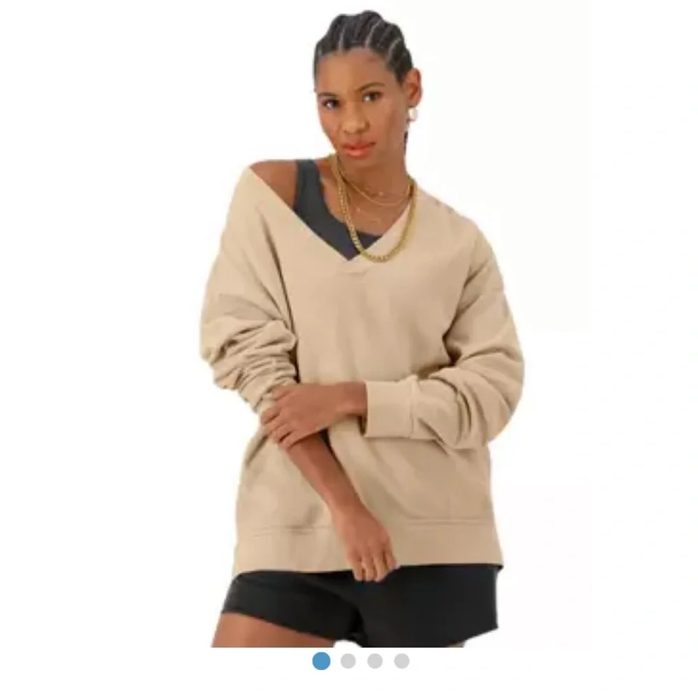 Champion Cream V-Neck Sweatshirt Relaxed Fit W/Pockets - Picture 3 of 7